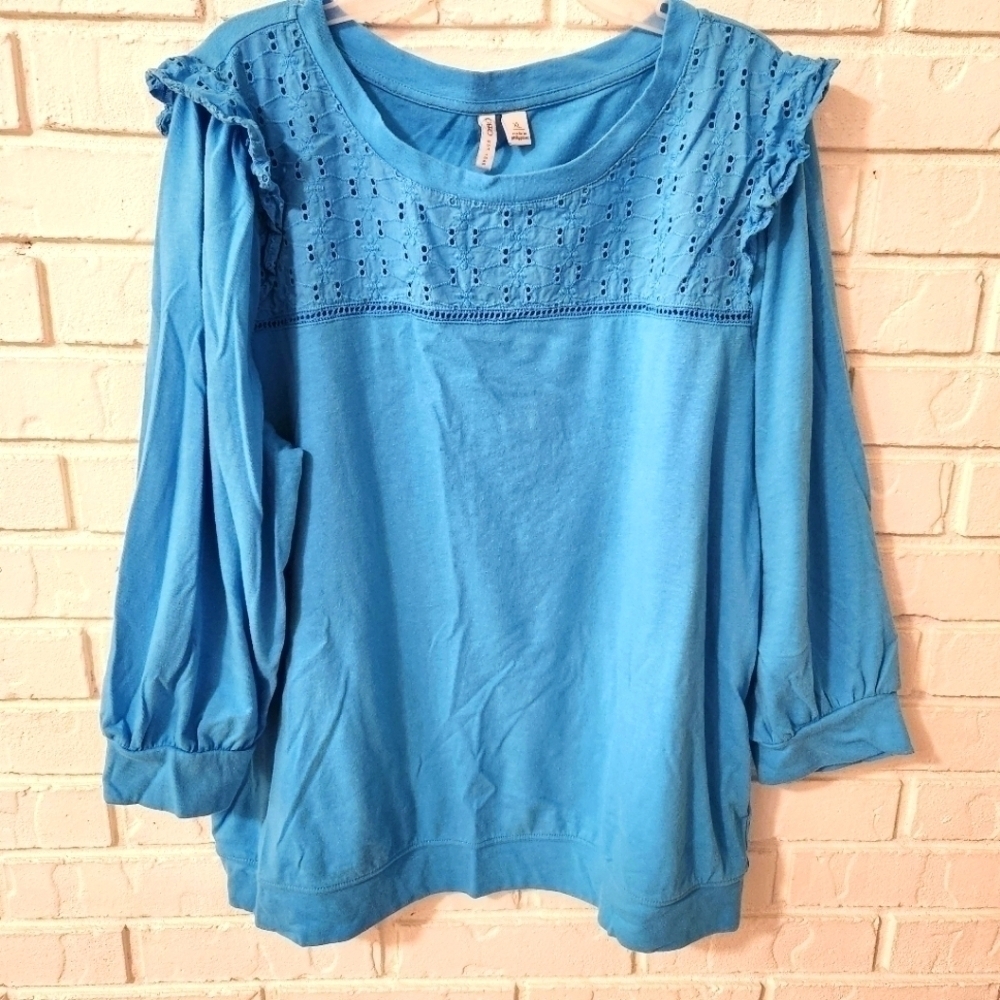 Cato Blue Eyelet Yoke Long Sleeve Top